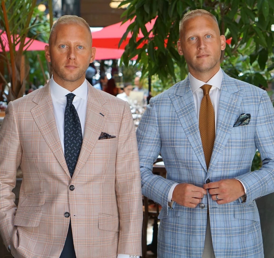Kenny and Danny King of King Brothers Clothiers, wearing plaid sport coats